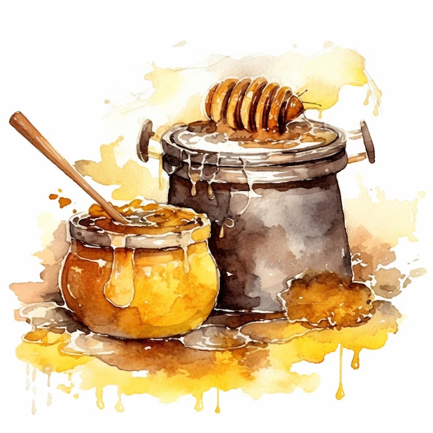 There is a painting of a pot of honey and a jar of honey generative ai