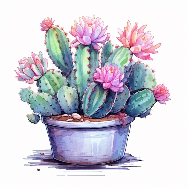 There is a painting of a potted cactus plant with pink flowers generative ai