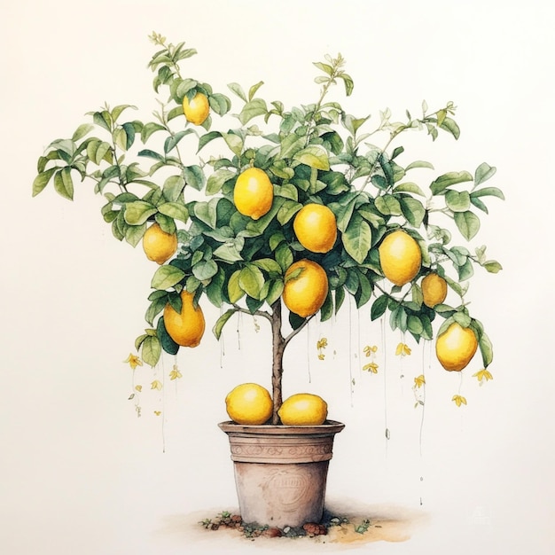 There is a painting of a potted lemon tree with fruit on it generative ai