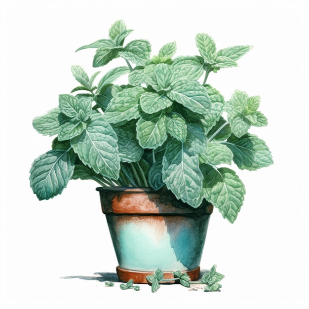 There is a painting of a potted plant with green leaves generative ai