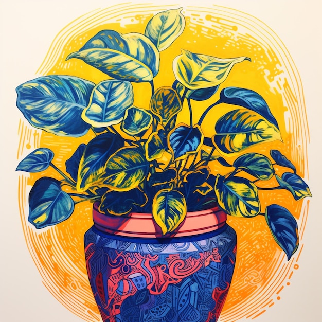 There is a painting of a potted plant with leaves on it generative ai