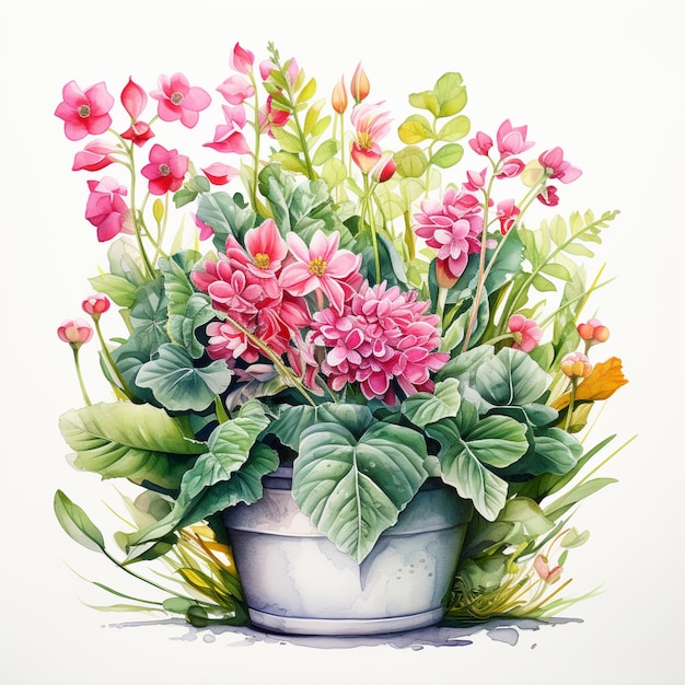 there is a painting of a potted plant with pink flowers generative ai