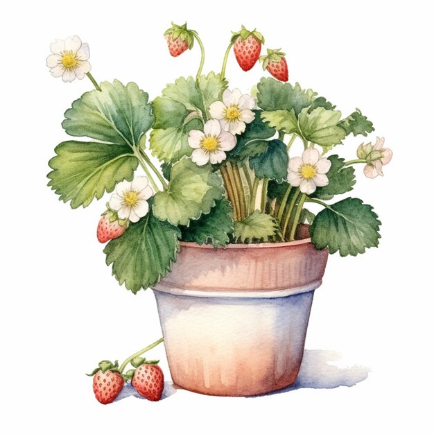 There is a painting of a potted plant with strawberries in it generative ai