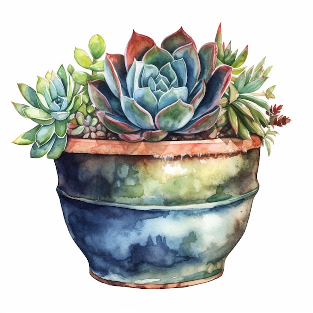 Photo there is a painting of a potted plant with succulents generative ai