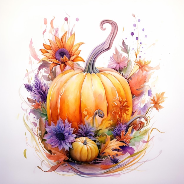 There is a painting of a pumpkin and flowers on a white background generative ai