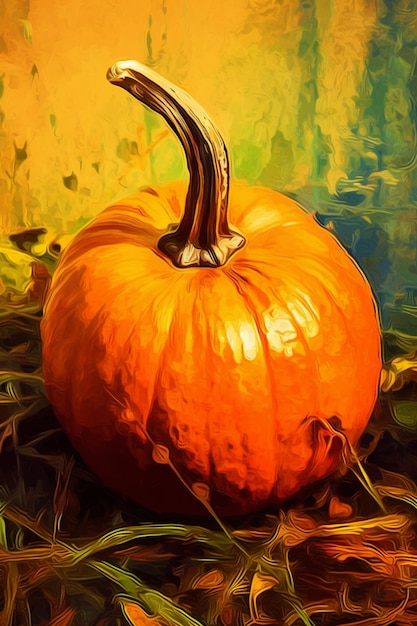 There is a painting of a pumpkin on the ground generative ai