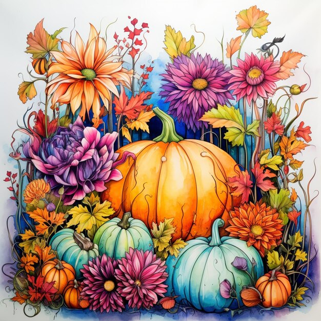 There is a painting of a pumpkin surrounded by flowers and leaves generative ai