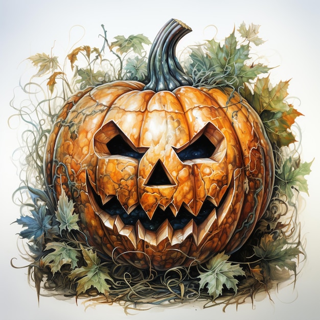 there is a painting of a pumpkin with a carved face generative ai