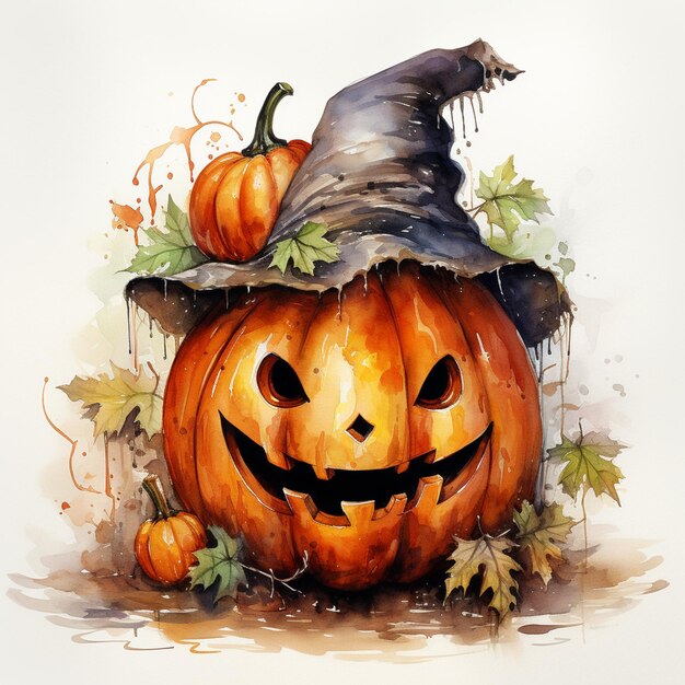 there is a painting of a pumpkin with a witch hat on generative ai