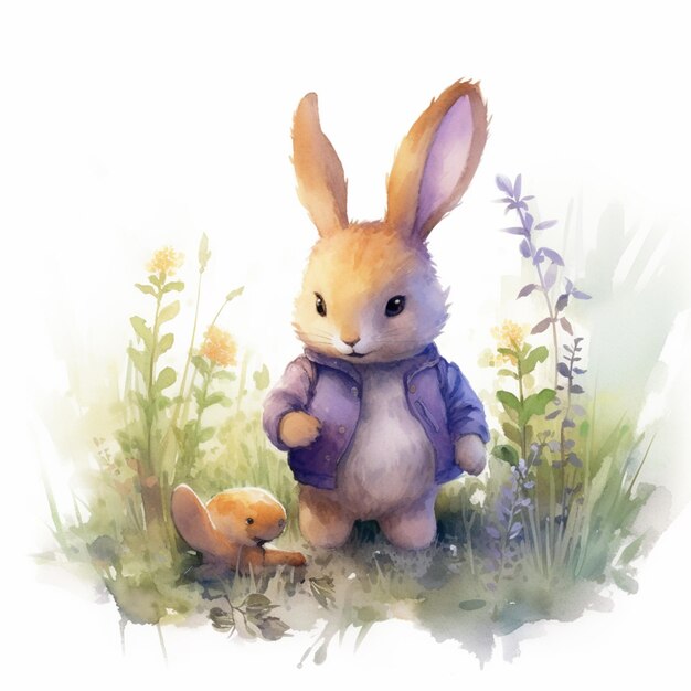 there is a painting of a rabbit and a bird in the grass generative ai