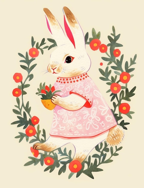 Photo there is a painting of a rabbit holding a carrot in a wreath generative ai