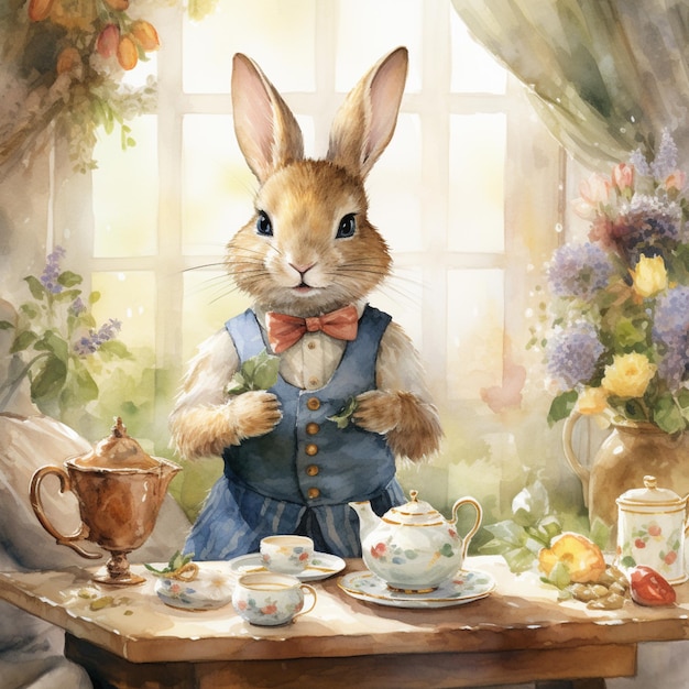 There is a painting of a rabbit sitting at a table with tea cups generative ai