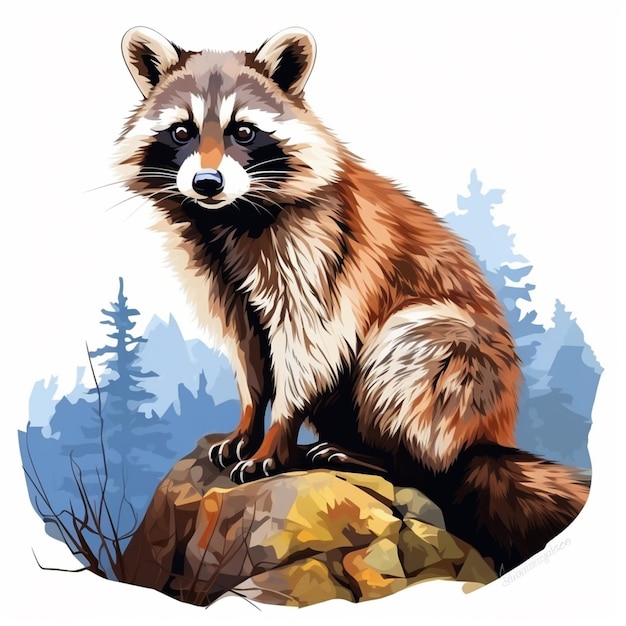 there is a painting of a raccoon sitting on a rock generative ai