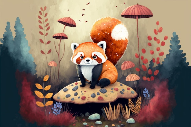 there is a painting of a red panda sitting on a mushroom generative ai