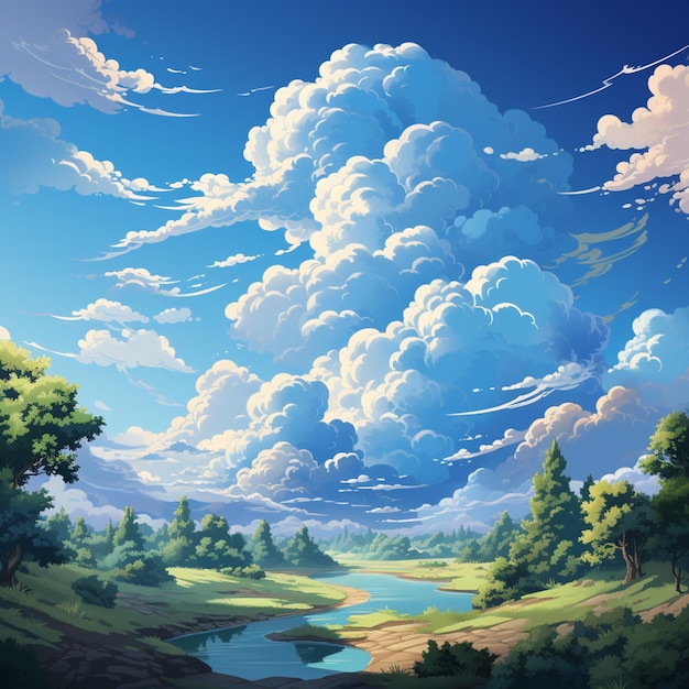 There is a painting of a river and a forest with clouds generative ai