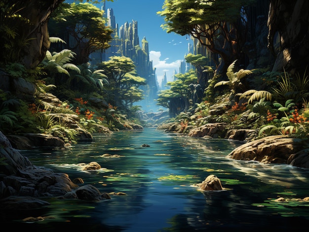 there is a painting of a river in a forest with trees generative ai