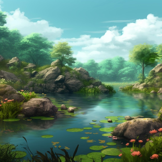 there is a painting of a river with lily pads in the water generative ai