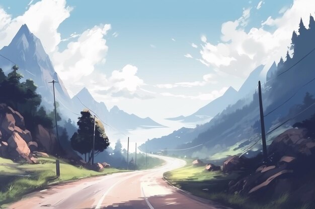 There is a painting of a road going through a mountain generative ai