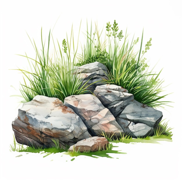 There is a painting of a rock and grass on the ground generative ai