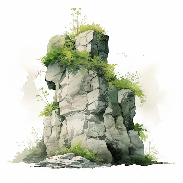 There is a painting of a rock with a tree growing on top generative ai