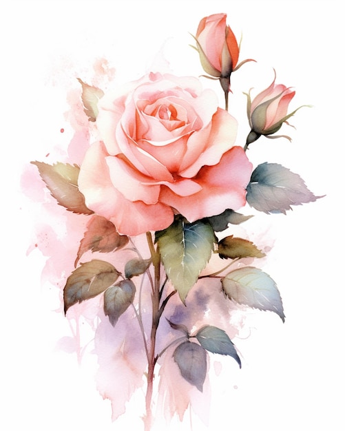 There is a painting of a rose with leaves and a flower generative ai