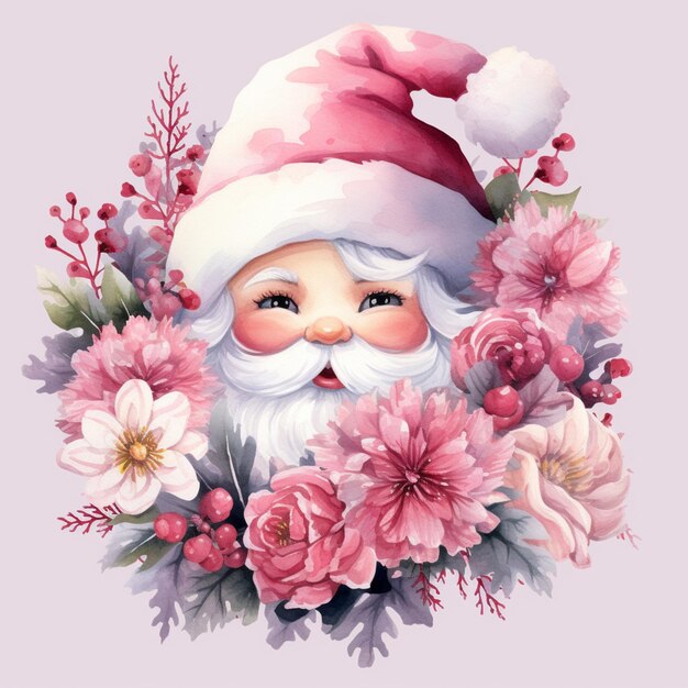 Foto c'è un dipinto di un babbo natale con dei fiori intorno a lui.