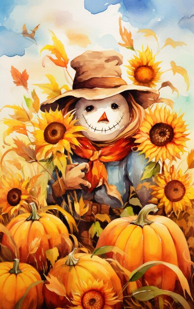 There is a painting of a scare with sunflowers and pumpkins generative ai