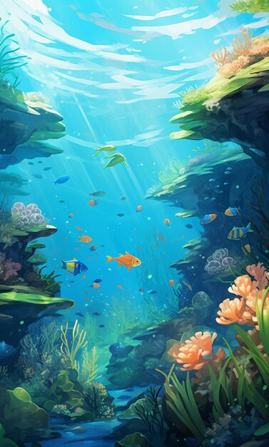 there is a painting of a sea scene with fish and corals generative ai