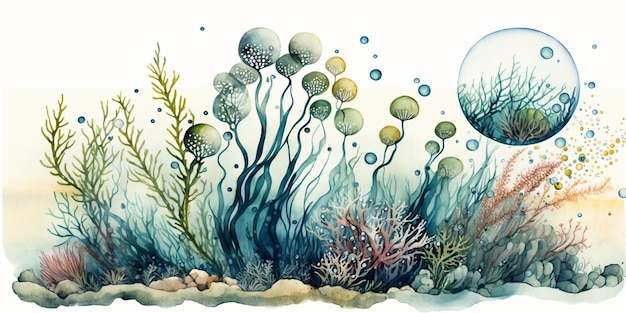 Там есть картина морских водорослей и пузырьков в воде генеративной ай