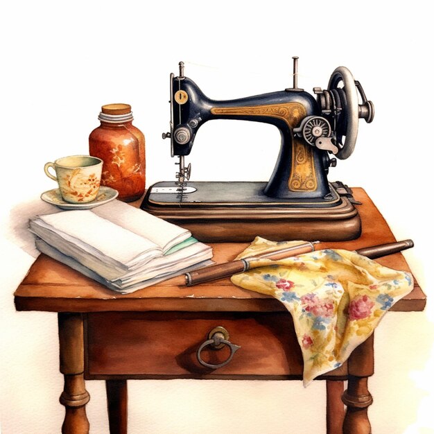 Photo there is a painting of a sewing machine on a table generative ai