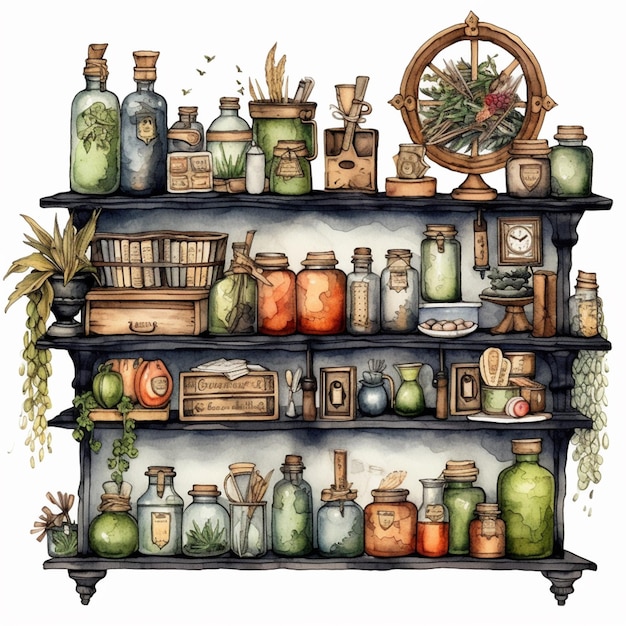 there is a painting of a shelf with many jars and jars on it generative ai