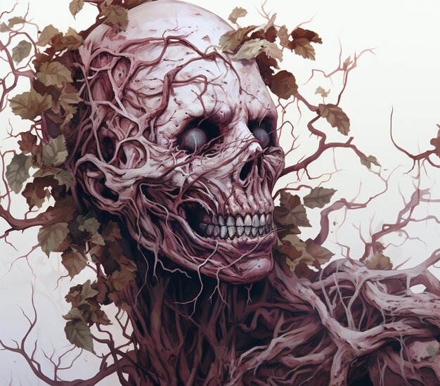 There is a painting of a skull with vines growing out of it generative ai