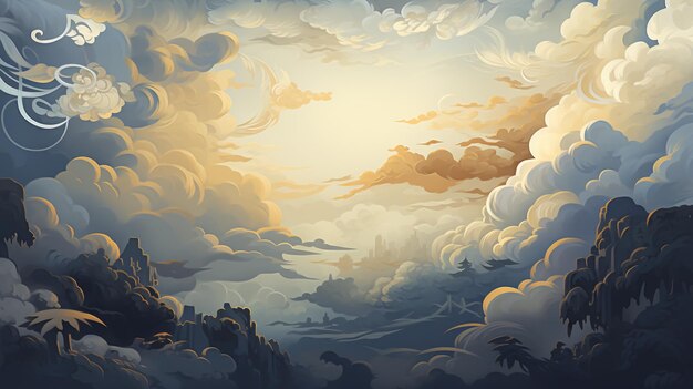 There is a painting of a sky with clouds and mountains generative ai