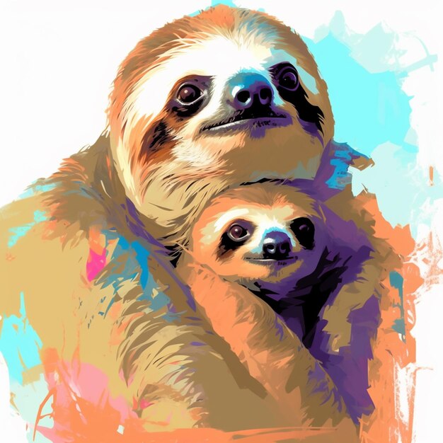 There is a painting of a sloth and her baby generative ai