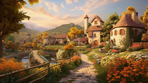 There is a painting of a small village with a bridge generative ai