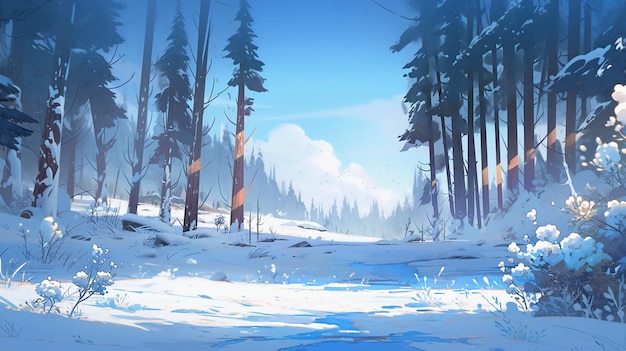 there is a painting of a snowy forest with a stream generative ai