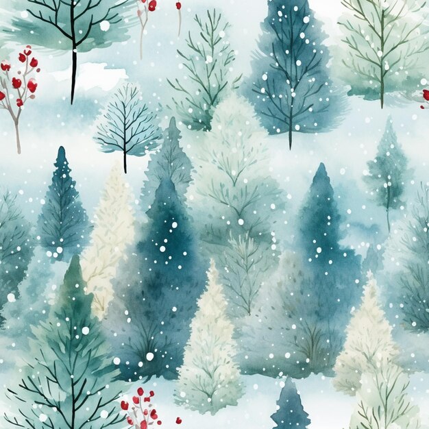 there is a painting of a snowy forest with trees and berries generative ai