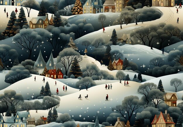 There is a painting of a snowy village with people walking in the snow generative ai