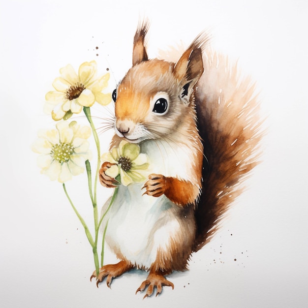 There is a painting of a squirrel holding a flower in its hand generative ai