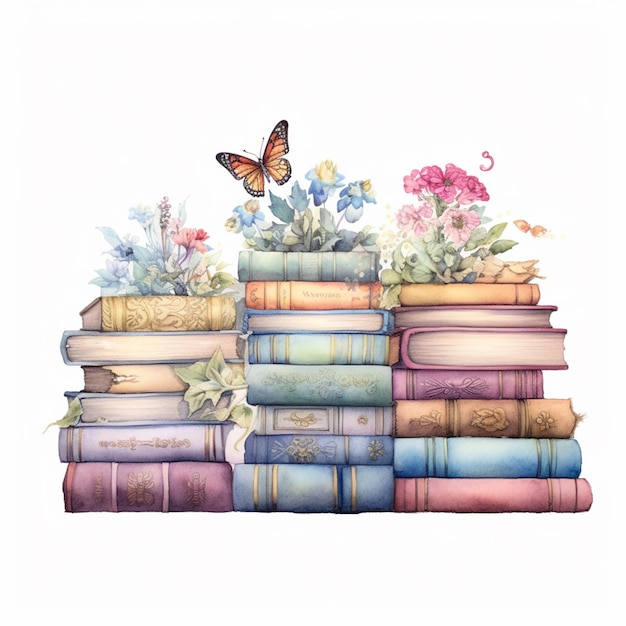 There is a painting of a stack of books with a butterfly on top generative ai