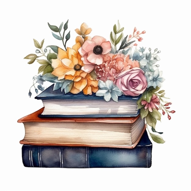there is a painting of a stack of books with flowers on top generative ai