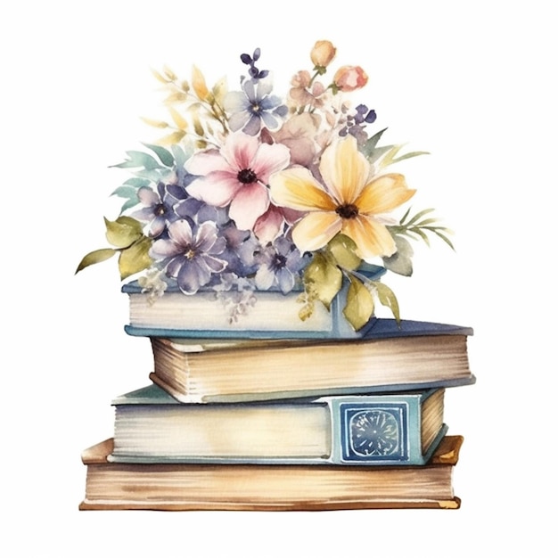 there is a painting of a stack of books with flowers on top generative ai