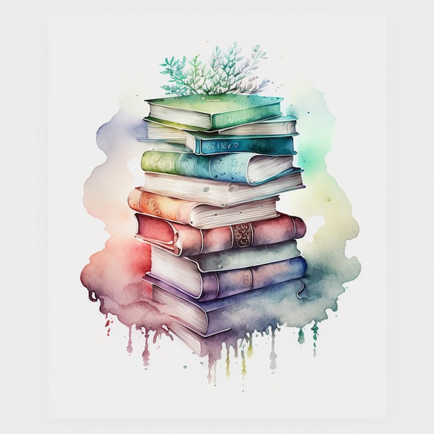 There is a painting of a stack of books with a tree on top generative ai