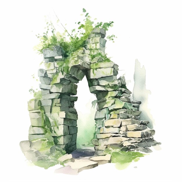 There is a painting of a stone arch with a plant growing out of it generative ai
