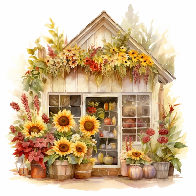 there is a painting of a store with sunflowers and other flowers generative ai