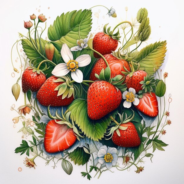 There is a painting of strawberries and flowers on a white surface generative ai