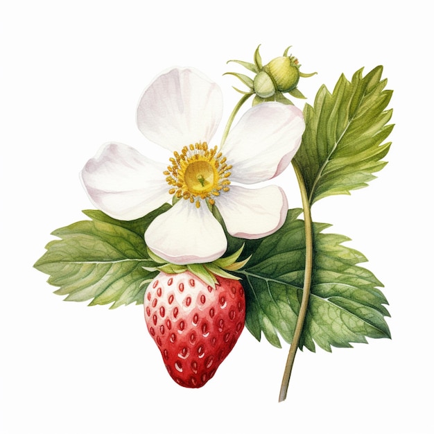 Photo there is a painting of a strawberry and a flower on a white background generative ai