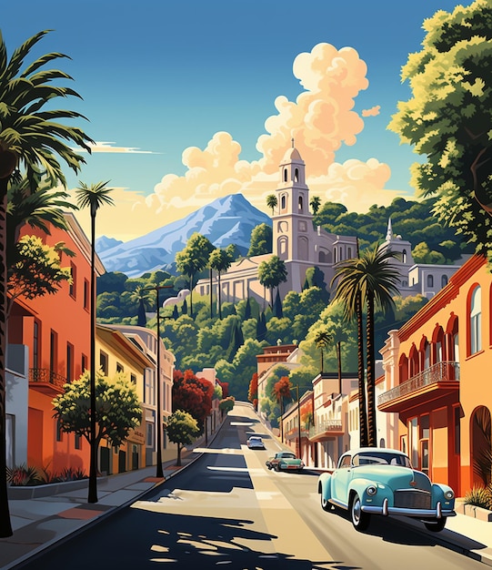 There is a painting of a street with a car and a church generative ai