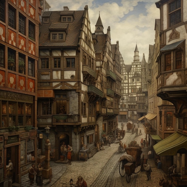 there is a painting of a street with people and buildings generative ai