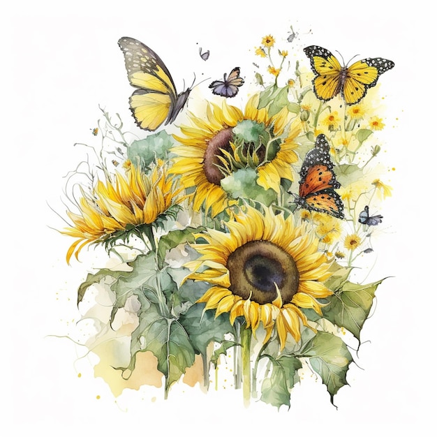 There is a painting of sunflowers and butterflies with butterflies generative ai